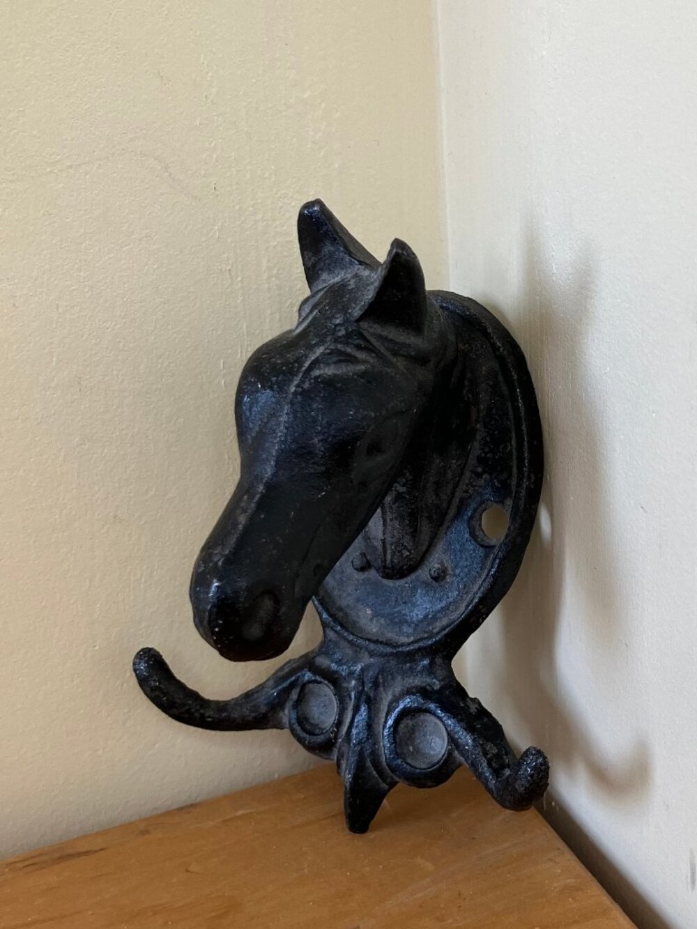 Horse Head Black Cast Iron Wall Mounted Hook Coat Clothing 2-Hooks